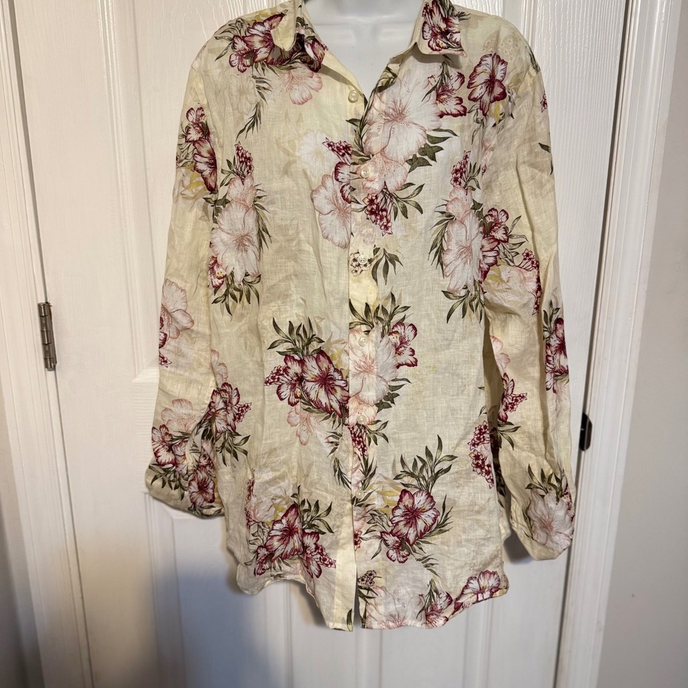 Club Room Luxury 100% Linen Floral Button Down Shirt Cream Pink Long Sleeve L
